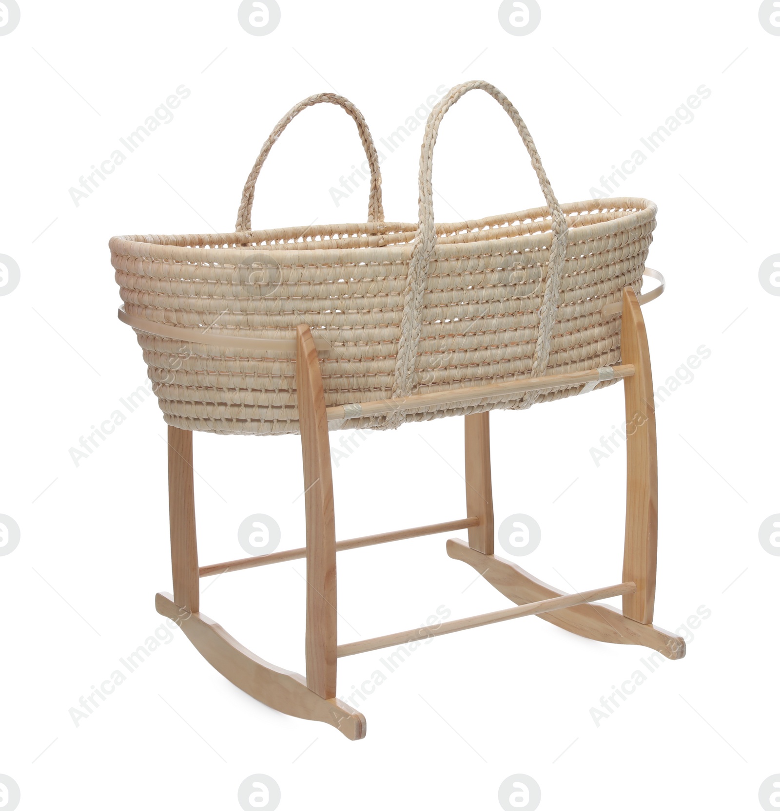 Photo of Wicker crib on white background. Interior element