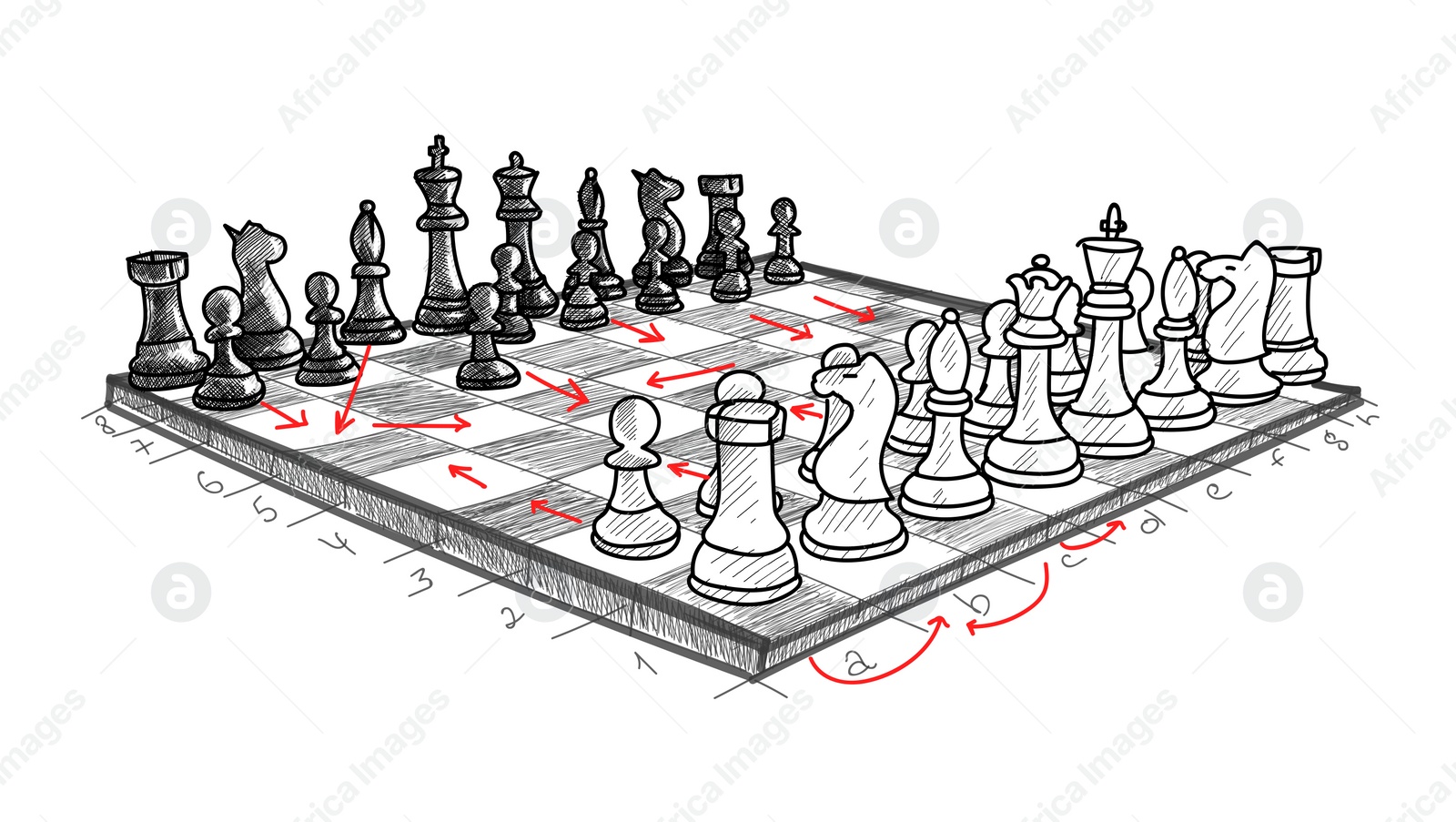 Illustration of  board with chess pieces. Strategy for winning