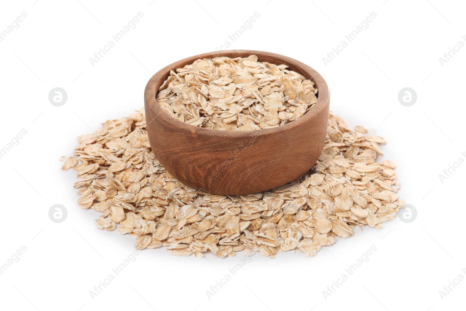 Photo of Wooden bowl of oatmeal isolated on white