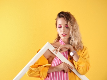 Photo of Beautiful young woman posing on color background. Summer fashion