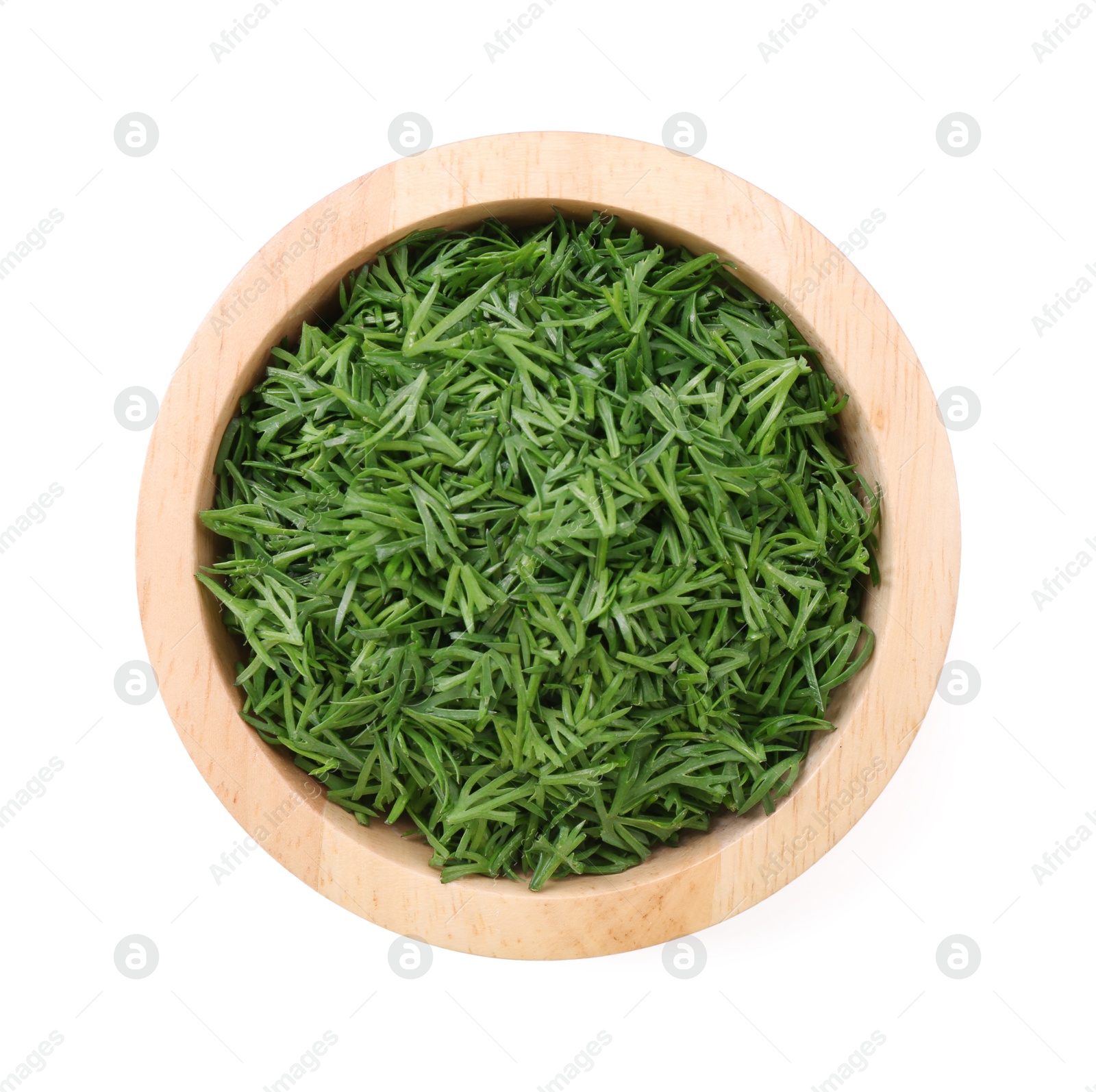 Photo of Fresh dill in bowl isolated on white, top view