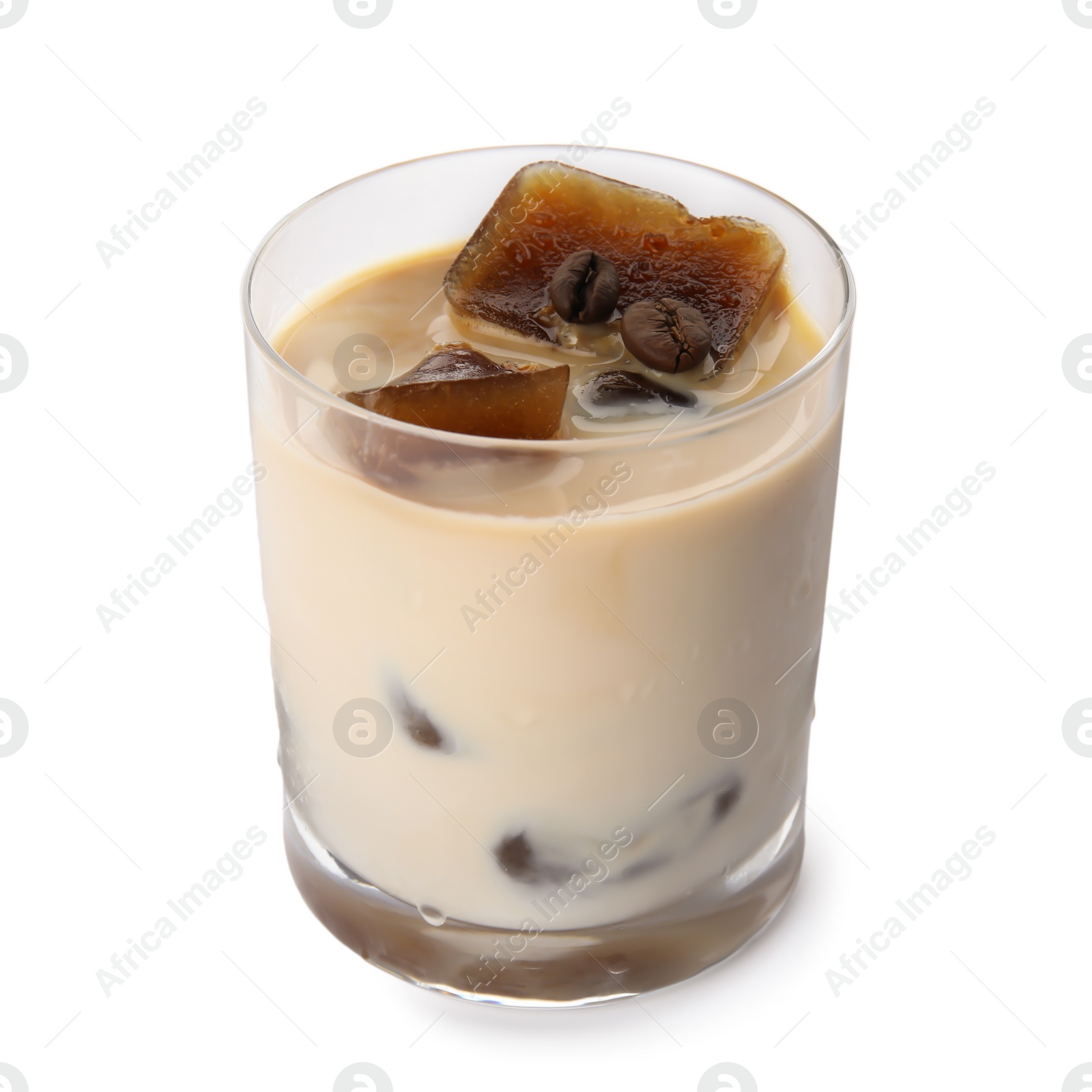 Photo of Glass of milk with coffee ice cubes on white background