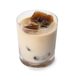 Photo of Glass of milk with coffee ice cubes on white background