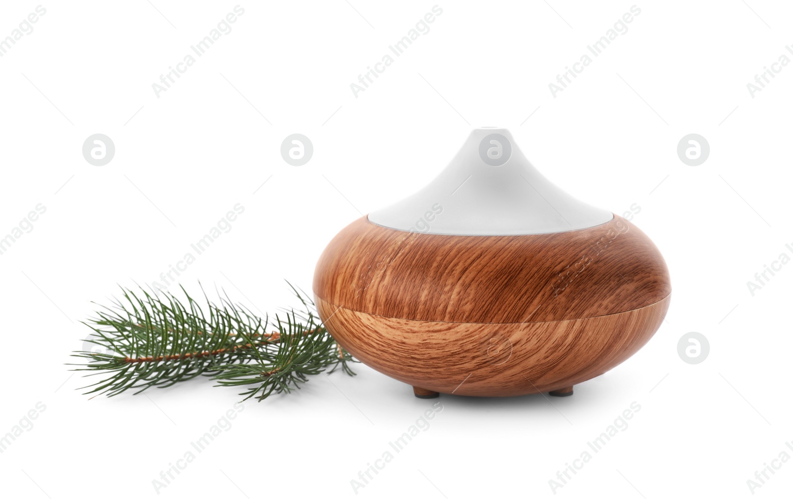 Photo of Aroma oil diffuser and fir branch on white background