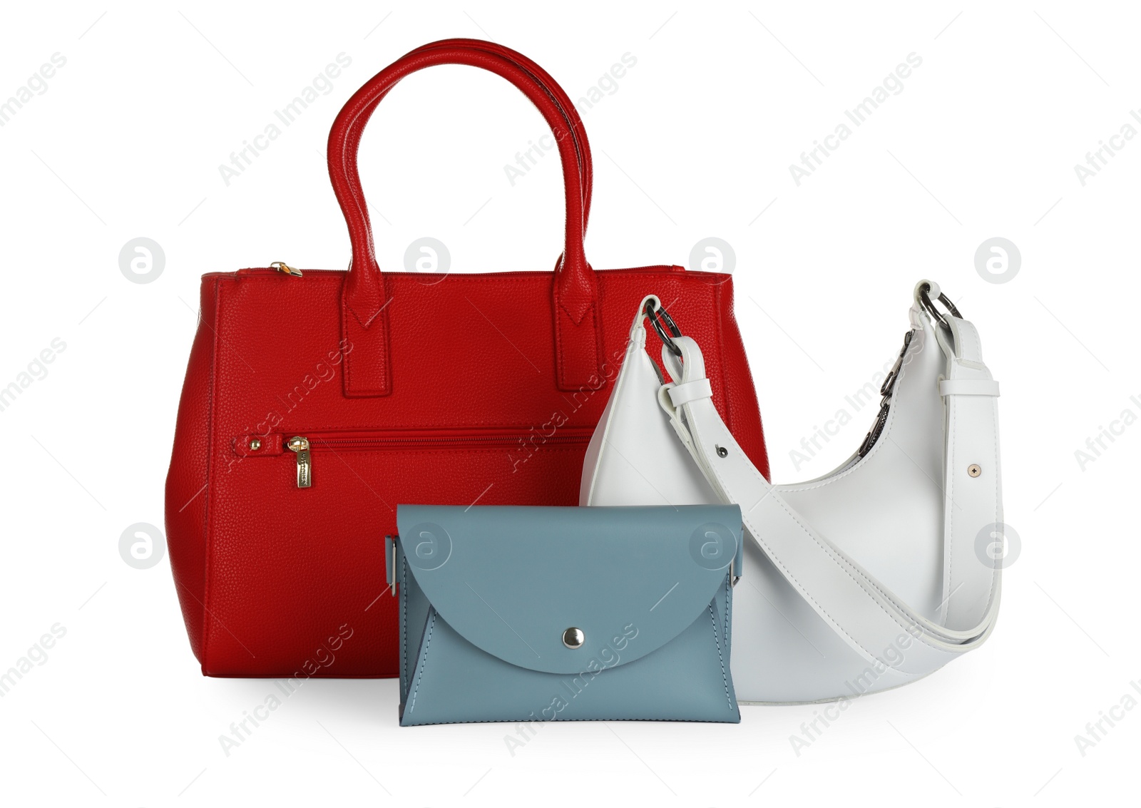 Photo of Collection of different stylish women's bags on white background