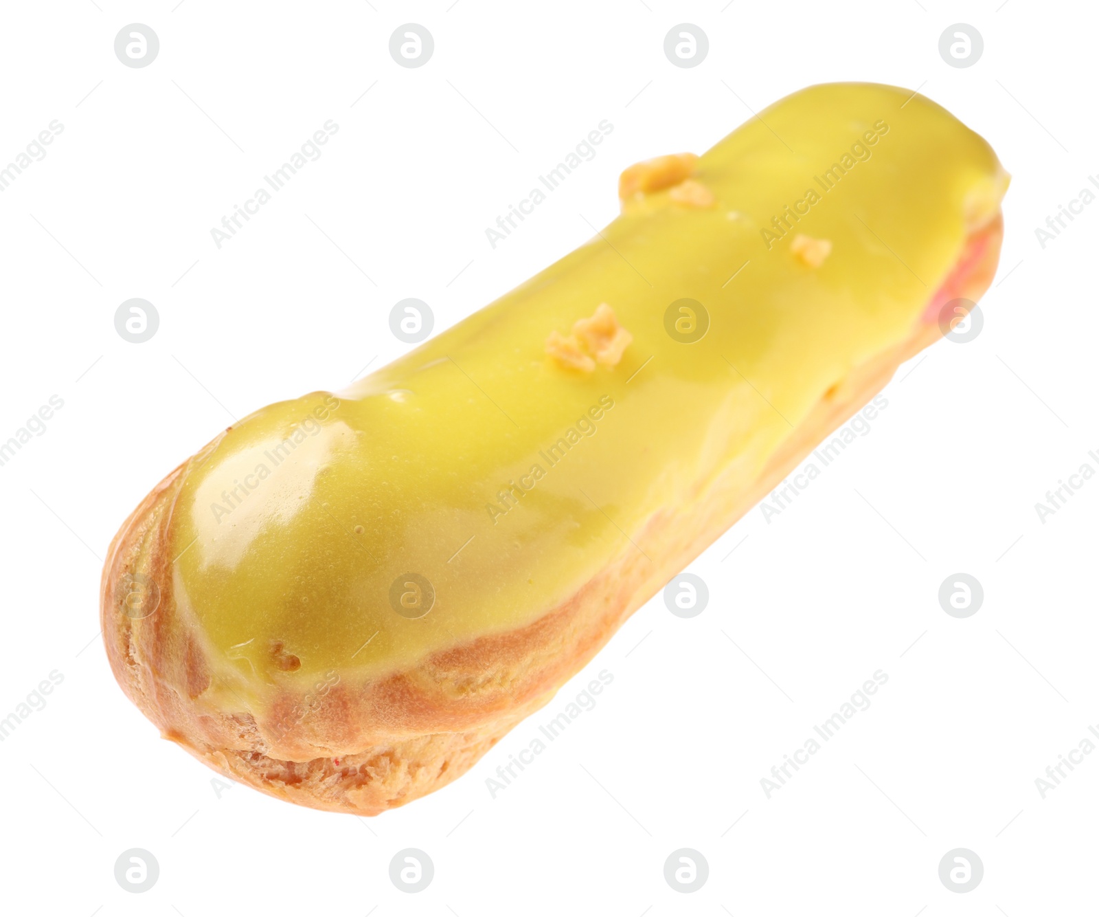 Photo of Delicious eclair covered with yellow glaze isolated on white