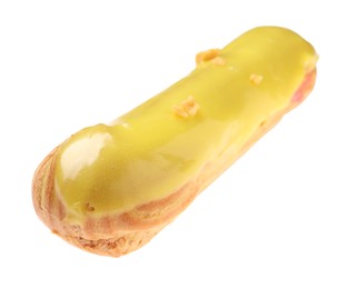 Delicious eclair covered with yellow glaze isolated on white