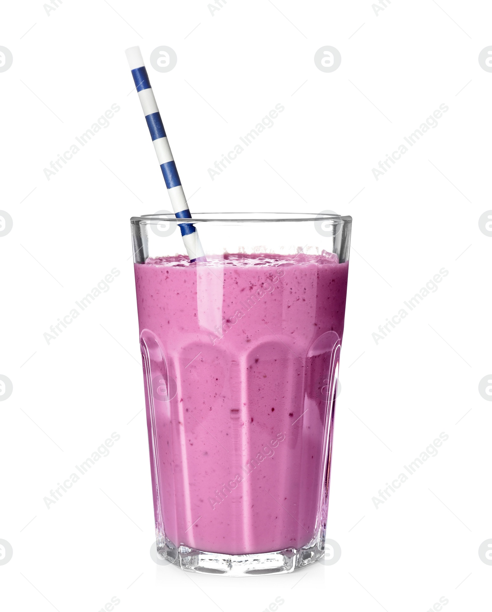 Photo of Glass with blackberry yogurt smoothie on white background