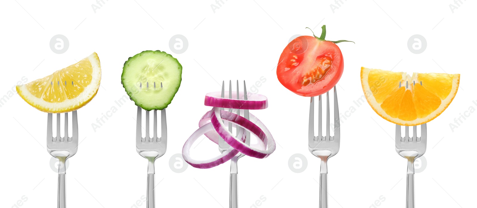 Image of Forks with different products isolated on white, collection