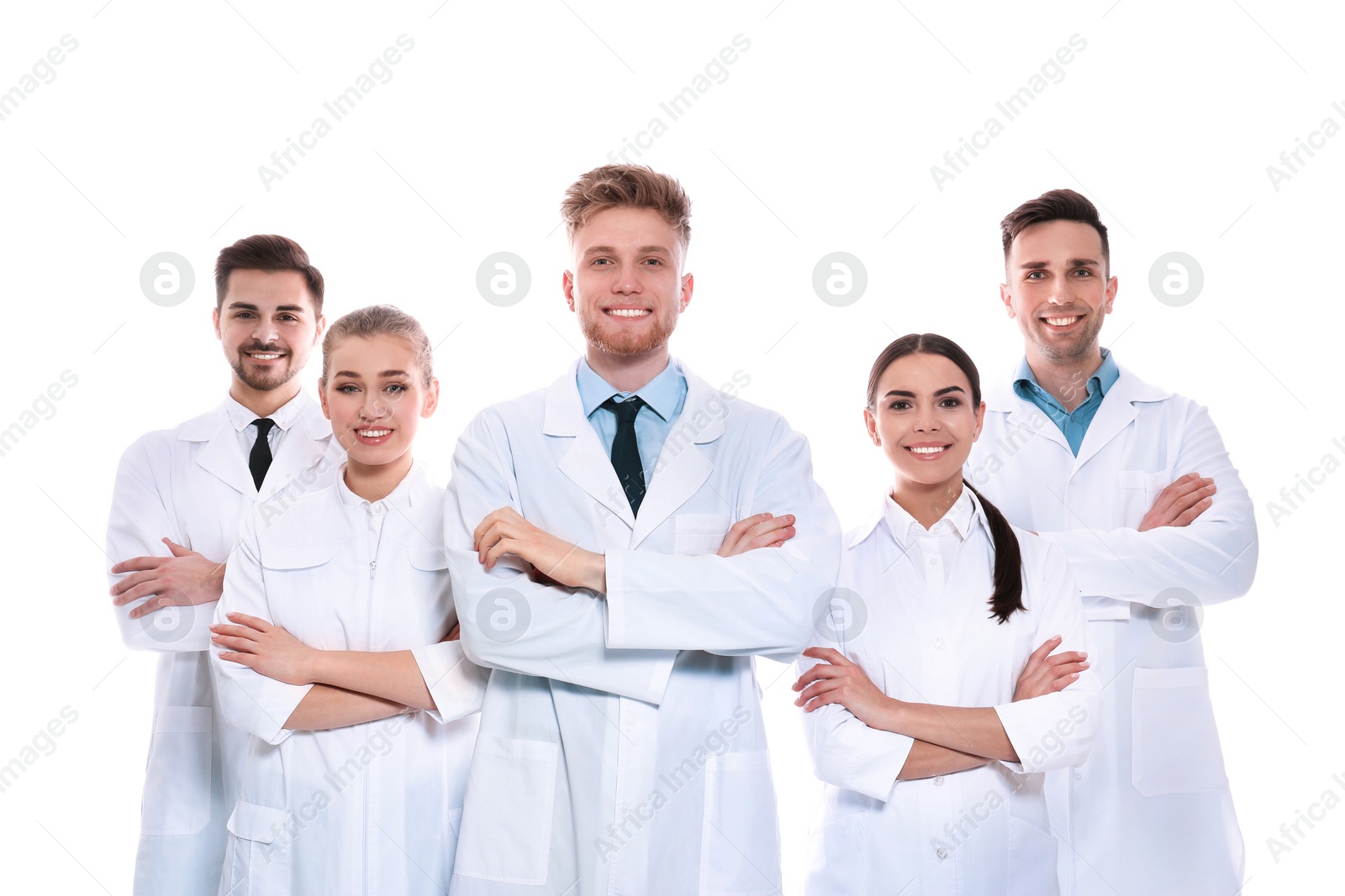 Photo of Group of medical doctors isolated on white. Unity concept