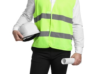 Photo of Engineer with hard hat and draft on white background, closeup