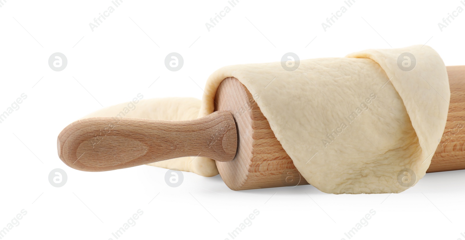 Photo of Raw dough and rolling pin isolated on white