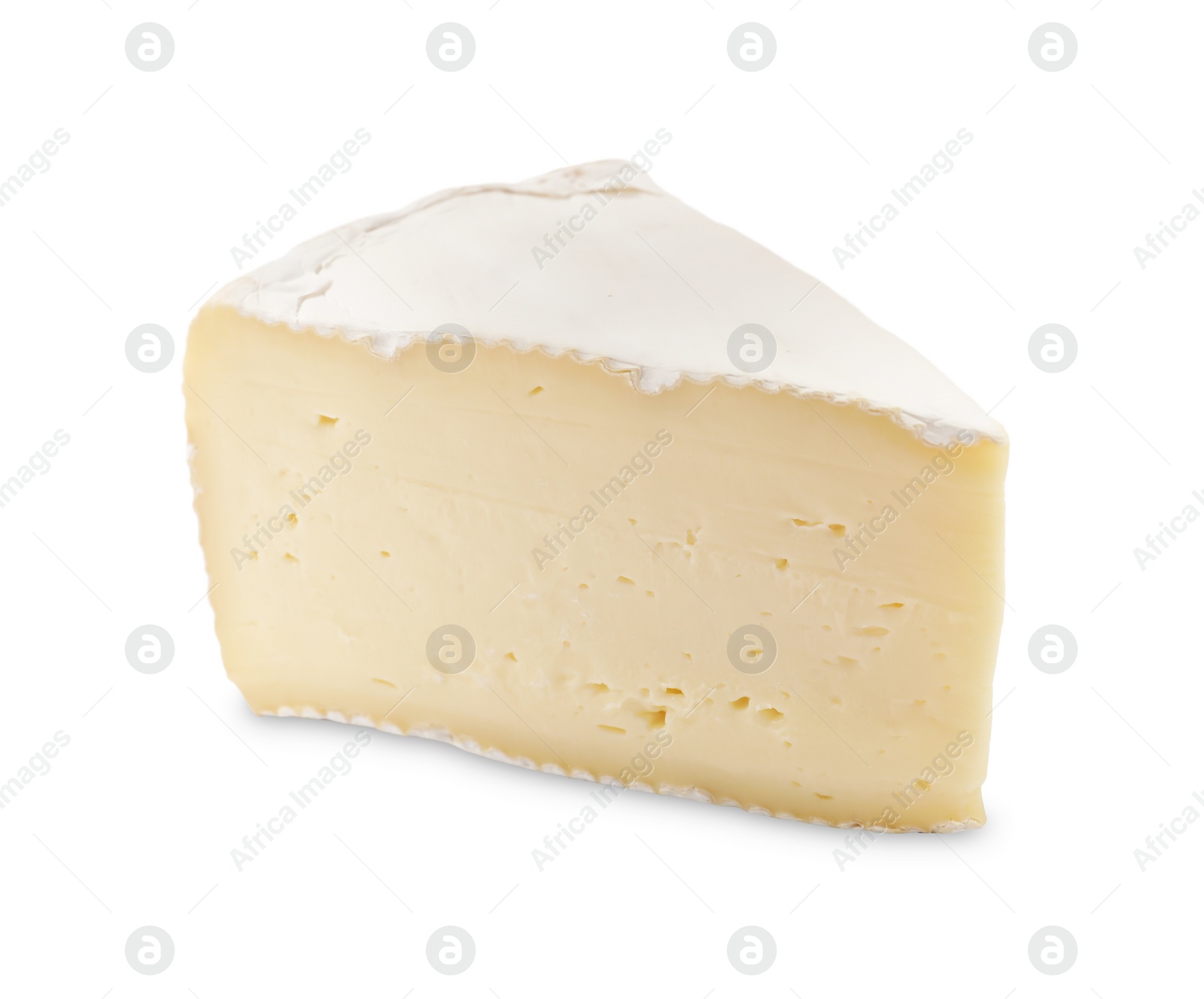 Photo of One piece of tasty camembert cheese isolated on white