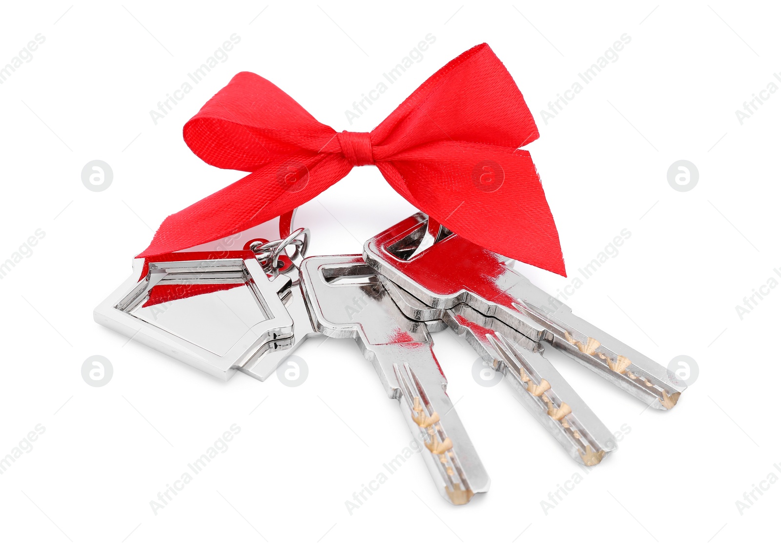 Photo of Keys with keychain in shape of house and red bow isolated on white