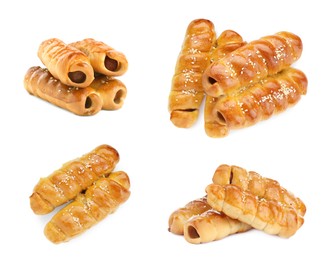 Collage of tasty sausages in dough on white background