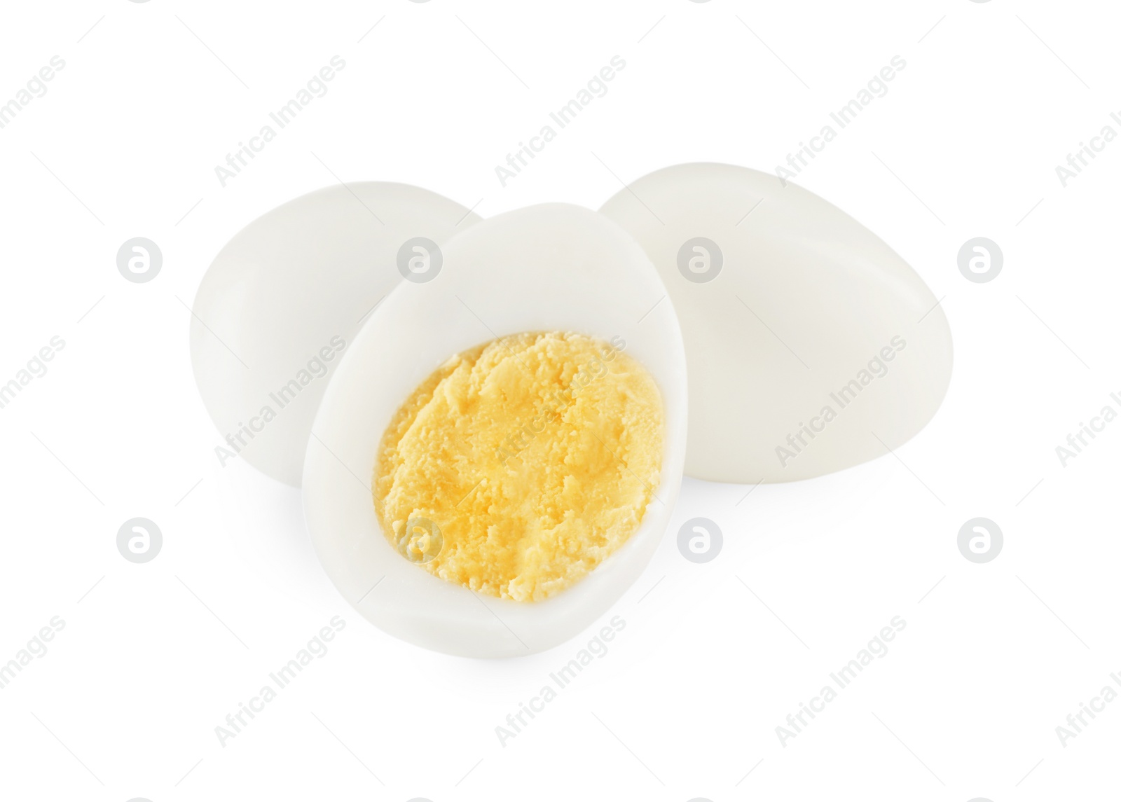 Photo of Peeled hard boiled quail eggs on white background