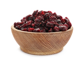 Photo of Tasty dried cranberries in wooden bowl isolated on white