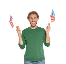 Photo of Young man with American flags on white background