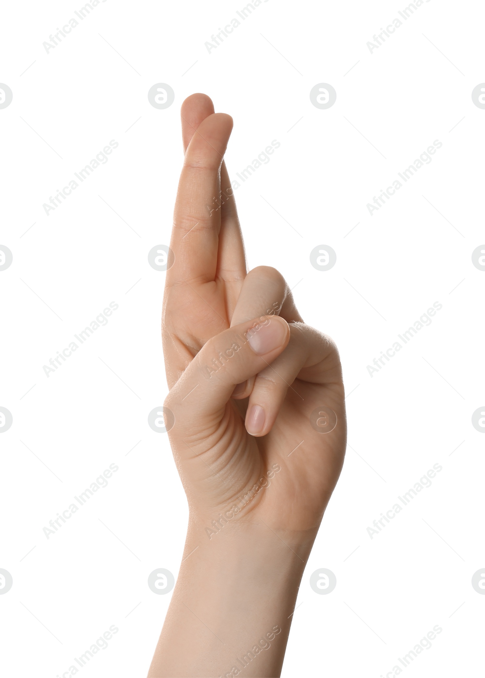 Photo of Woman showing crossed fingers isolated on white, closeup