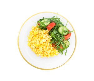 Photo of Tasty scrambled eggs with garnish on white background, top view