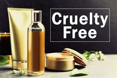 Image of Cruelty free concept. Personal care products not tested on animals in bathroom 