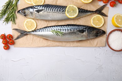 Photo of Flat lay composition with tasty raw mackerel on white textured table, space for text
