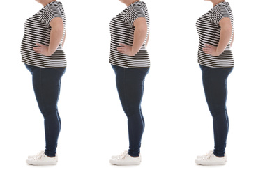 Collage with photos of overweight woman before and after weight loss on white background,closeup