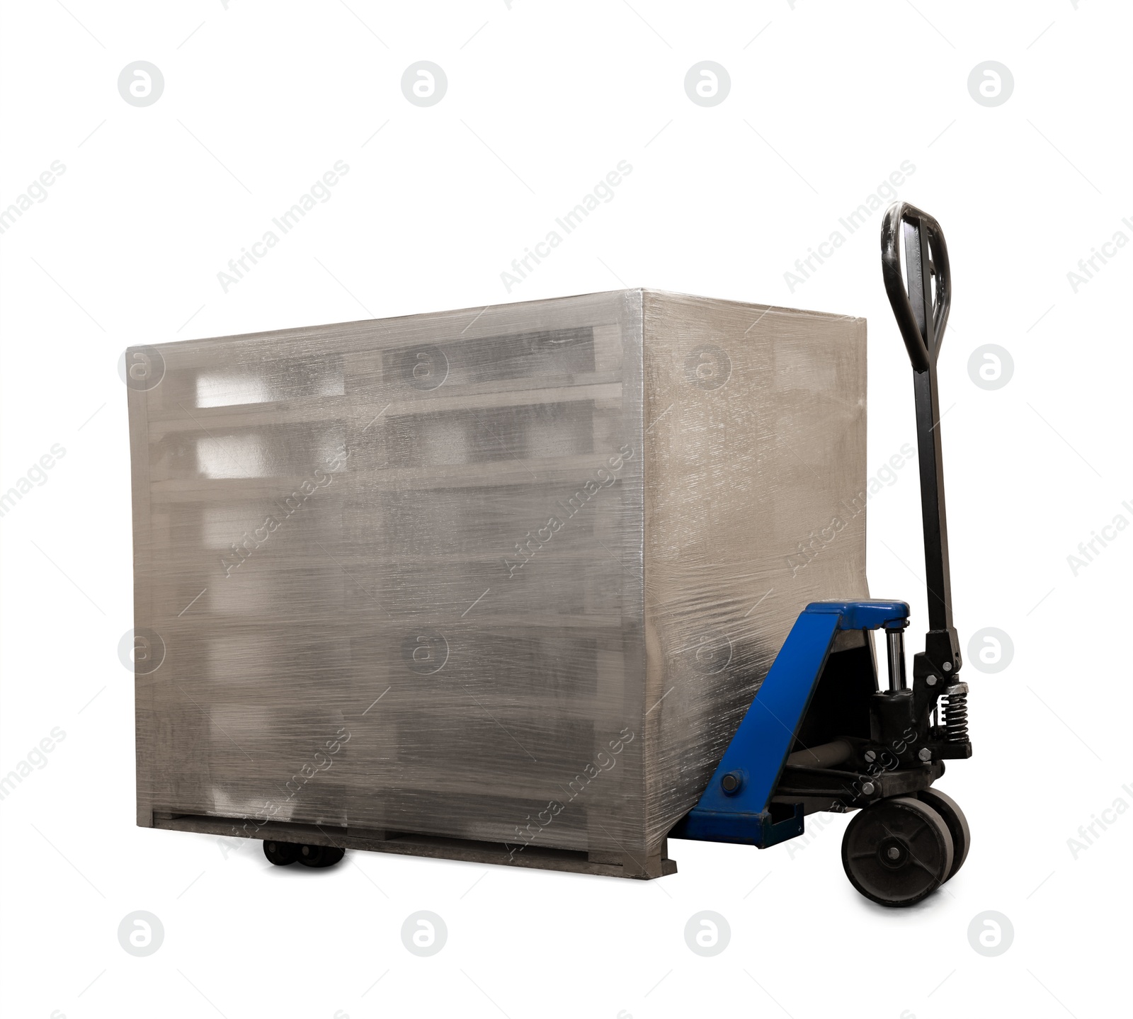 Image of Modern manual forklift with wooden pallets on white background