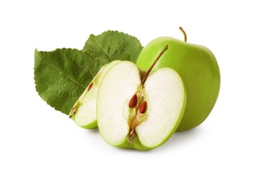 Photo of Whole, cut ripe apples and leaves isolated on white