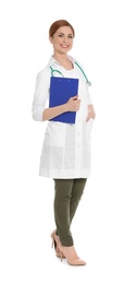 Full length portrait of medical doctor with clipboard and stethoscope isolated on white