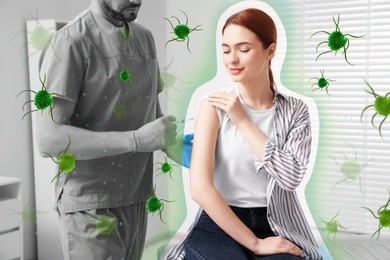 Doctor vaccinating woman to induce her immunity surrounded by viruses indoors