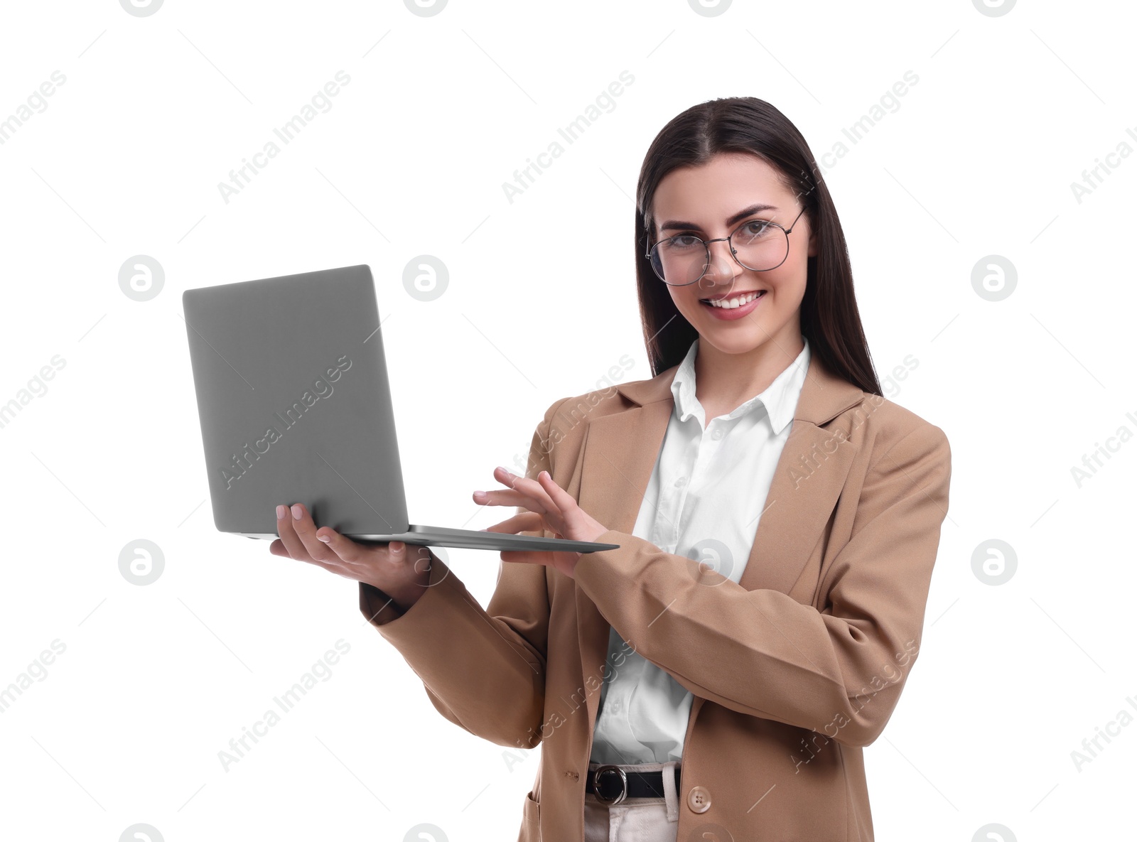 Photo of Beautiful happy businesswoman using laptop on white background