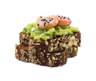 Photo of Delicious sandwich with guacamole, shrimps and black sesame seeds on white background