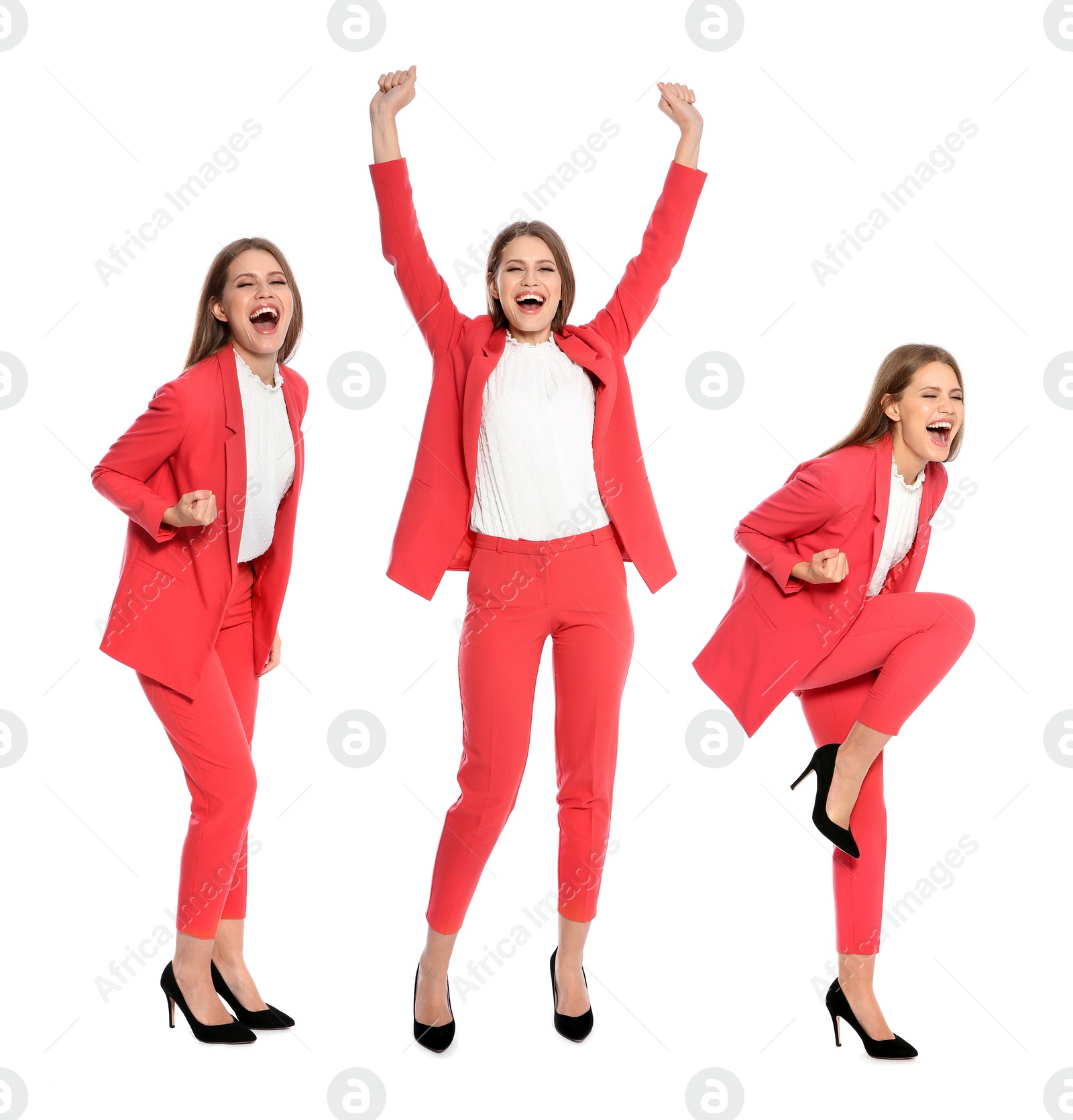 Image of Collage with photos of happy woman celebrating victory on white background