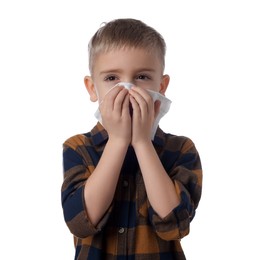 Sick boy with tissue coughing on white background. Cold symptoms