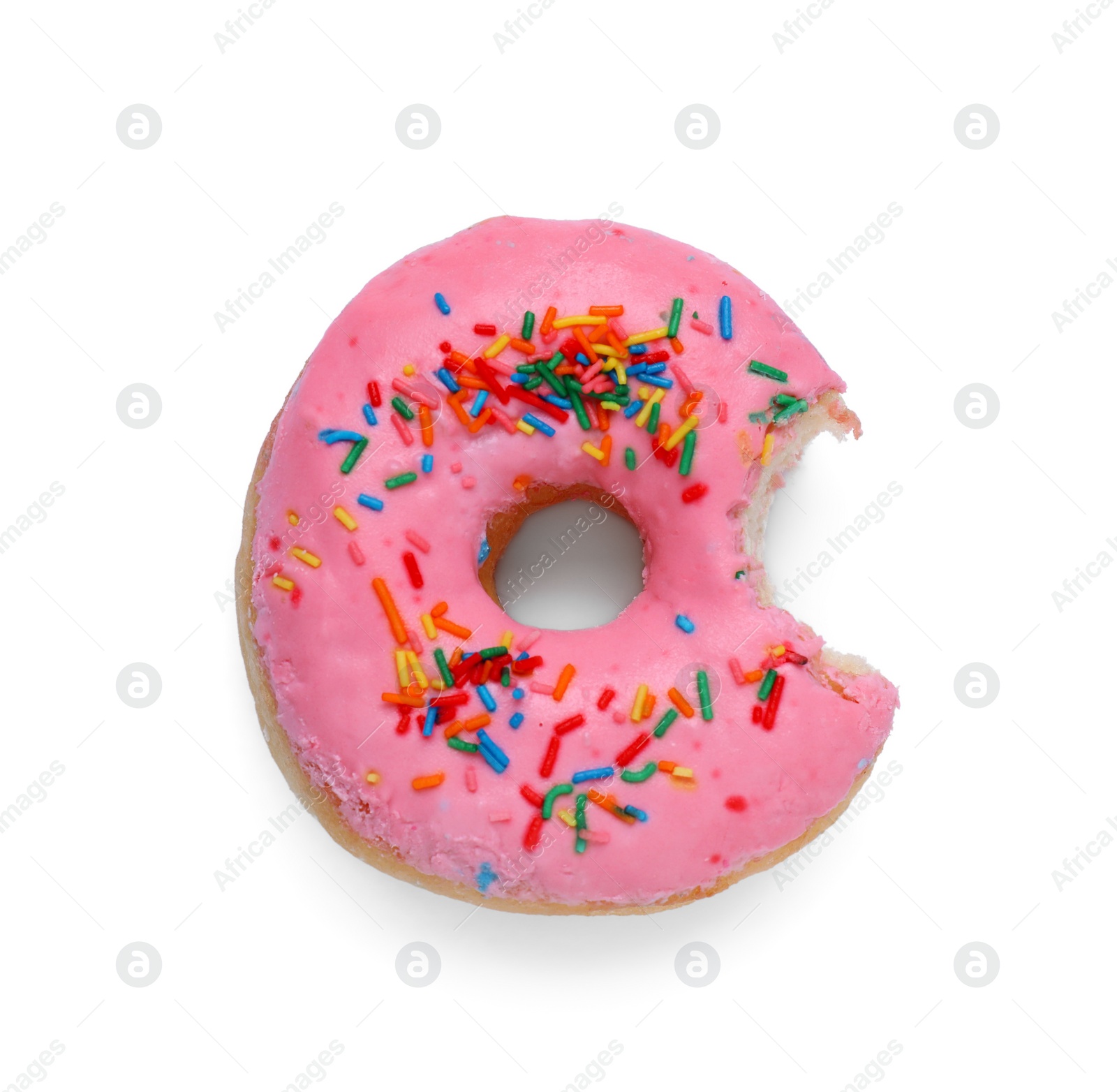 Photo of Sweet bitten glazed donut on white background, top view