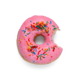 Photo of Sweet bitten glazed donut on white background, top view