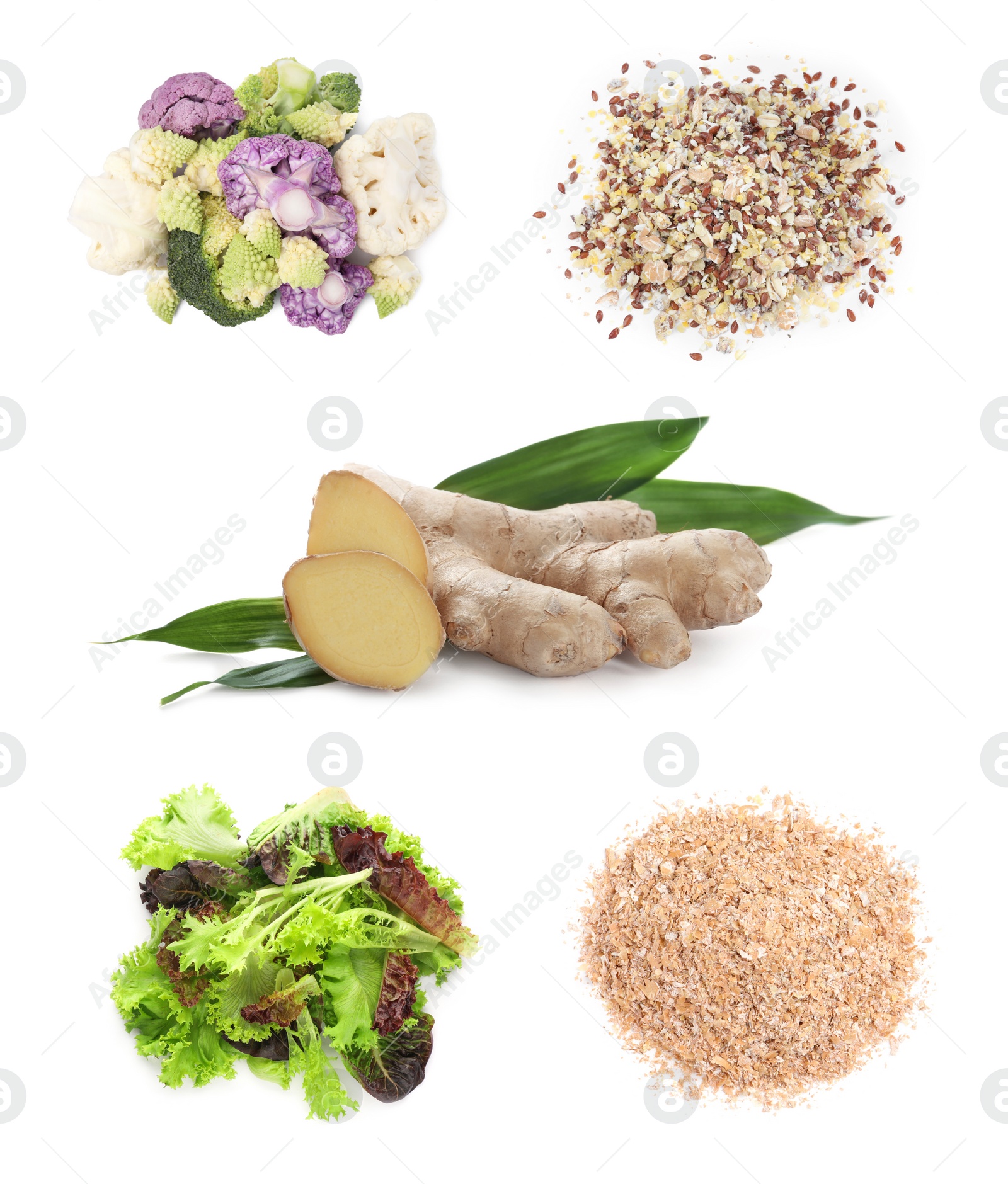 Image of Cauliflower, broccoli and other food for healthy digestion on white background