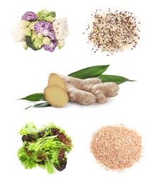 Image of Cauliflower, broccoli and other food for healthy digestion on white background