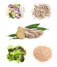 Cauliflower, broccoli and other food for healthy digestion on white background