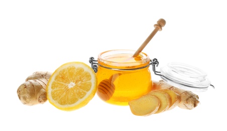 Photo of Ginger, honey and lemon on white background. Natural cold remedies