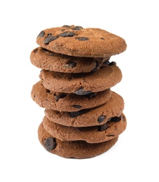 Delicious chocolate chip cookies on white background