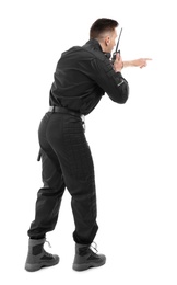 Photo of Male security guard using portable radio transmitter on white background