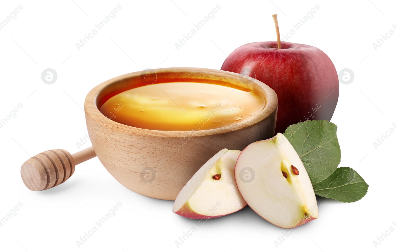 Image of Honey in bowl and apples isolated on white