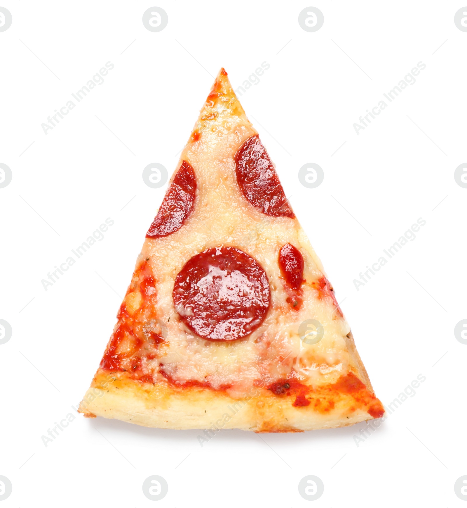 Photo of Slice of hot delicious pepperoni pizza on white background, top view