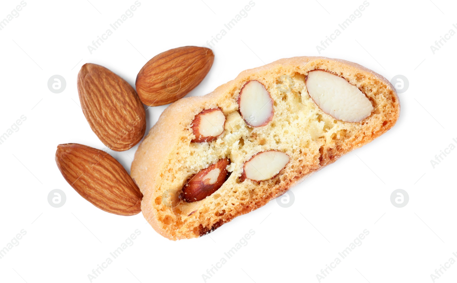 Photo of Slice of tasty cantucci and nuts on white background, top view. Traditional Italian almond biscuits