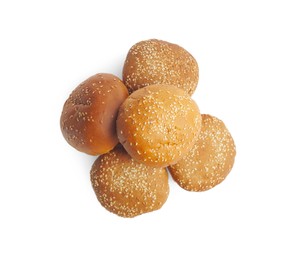 Photo of Fresh buns with sesame seeds isolated on white, top view