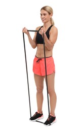 Photo of Woman exercising with elastic resistance band on white background