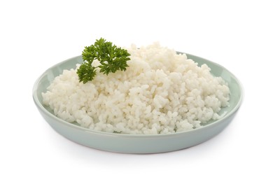 Photo of Delicious rice with parsley isolated on white