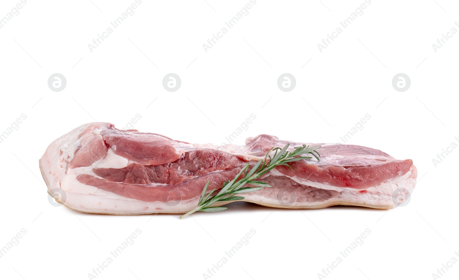 Photo of One piece of raw pork belly and rosemary isolated on white